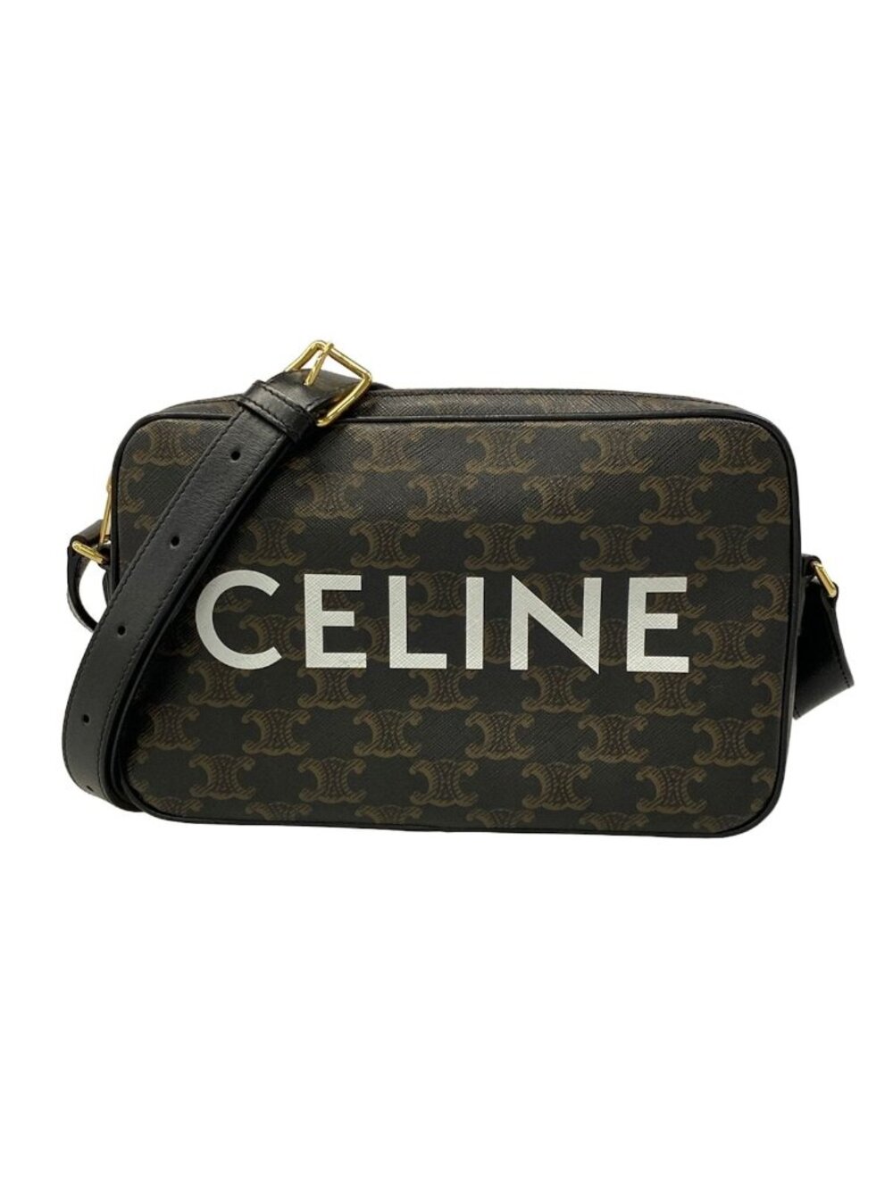 Celine Shoulder Bag Medium Triomphe Canvas Black Dark Brown White Leather